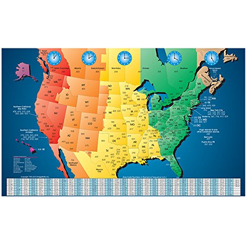 ImageAbility North America Laminated Gloss Full Color Time Zone Area Code Map incudes Reverse Lookup Desk Size Large 11 x 17