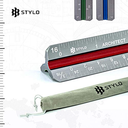 Stylo Architectural Scale Ruler - 12 Inch Laser Etched Triangle Aluminium  Architects Ruler with Color-Coded Grooves - Architect