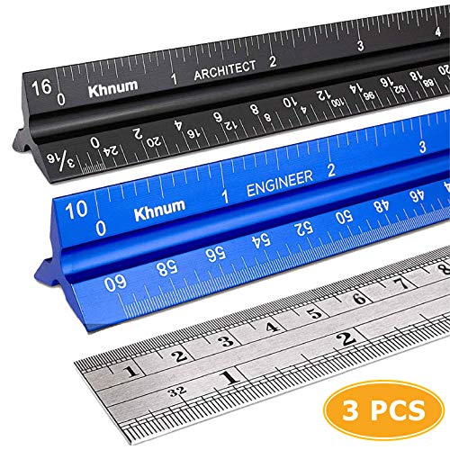 Khnum 12-Inch Architectural and Engineering Scale Ruler Set (Imperial), Laser-Etched Aluminum Triangular Drafting Tool