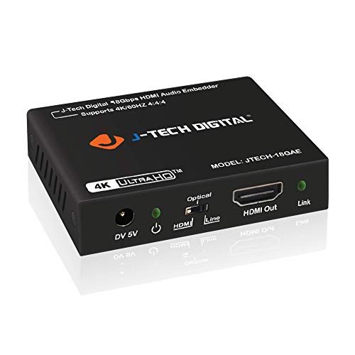 J-Tech Digital 18Gbps Digital/Analog Audio HDMI Embedder Inserter Support 4K@60Hz 4:4:4 HDR CEC HDCP2.2/1.4 with TOSLINK
