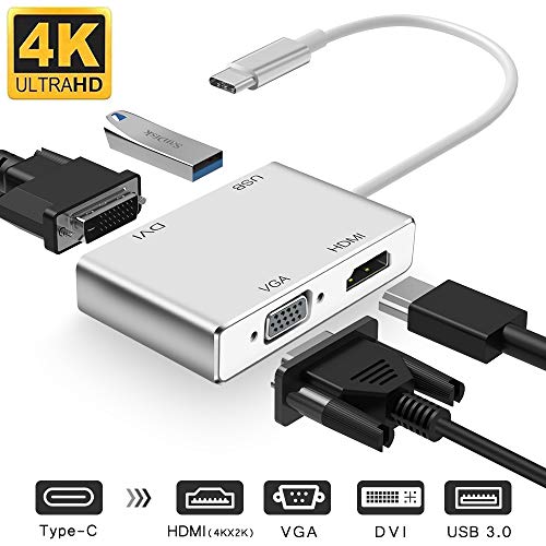 Weton USB C to HDMI DVI VGA Adapter, Weton 4 in 1 USB C to 4K HDMI, VGA, DVI, USB 3.0 hub, Male to Female Multi-Display Video