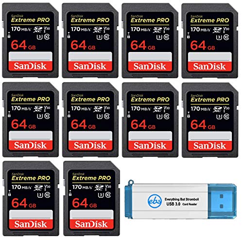 SanDisk 64GB SDXC Extreme Pro Memory Card (10 Pack) 4K V30 UHS-I Speed Class 10 (SDSDXXY-064G-GN4IN) Bundle with (1)