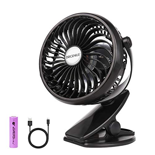 BRIGENIUS Battery Operated Stroller Fan, Portable Clip on Mini Desk Fan with 2600mAh Rechargeable Battery, USB Powered Clip