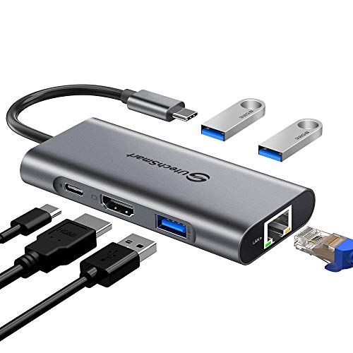 UtechSmart USB C Hub, UtechSmart 6 In 1 USB C to HDMI Adapter with 1000M Ethernet, Power  Pd Type C Charging Port, 3 USB 3.0