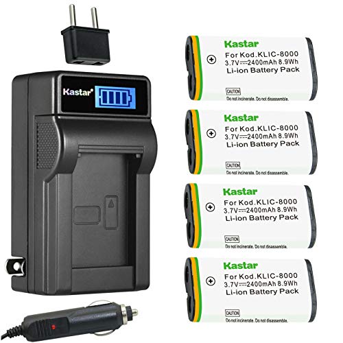 Kastar Hand Tools Kastar 4-Pack KLIC-8000 Battery and LCD AC Charger Compatible with Kodak Pocket Video Camera ZXD, Z885, Z1012 is, Z1015 is,