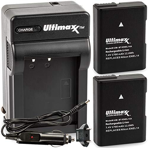 Ultimaxx Rapid Travel Charger with 2X EN-EL14A Extended Life Battery (1700mAh) for Nikon D3500, D3100, D3200, D3300, D3400,