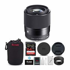 Sigma 30mm f/1.4 DC DN Contemporary Lens for Canon EF-M with 64GB Extreme PRO SD Card, Lens Pouch and Accessory Bundle