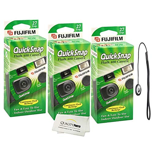 Fujifilm QuickSnap Flash 400 Disposable 35mm Camera (3 Pack) Bonus Hand Strap + Quality Photo Microfiber Cloth