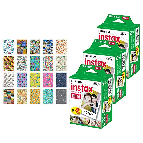 PHOTO4LESS 3X Fujifilm instax Mini Instant Film (60 Exposures) + 20 Sticker Frames for Fuji Instax Prints Travel Package