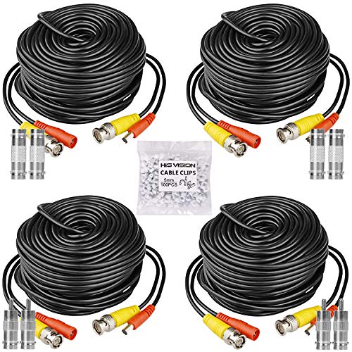 HISVISION 4 Pack 100ft BNC Video Power Cable Security Camera Wire Cord Extension Cable with 8pcs BNC Connectors and 100pcs