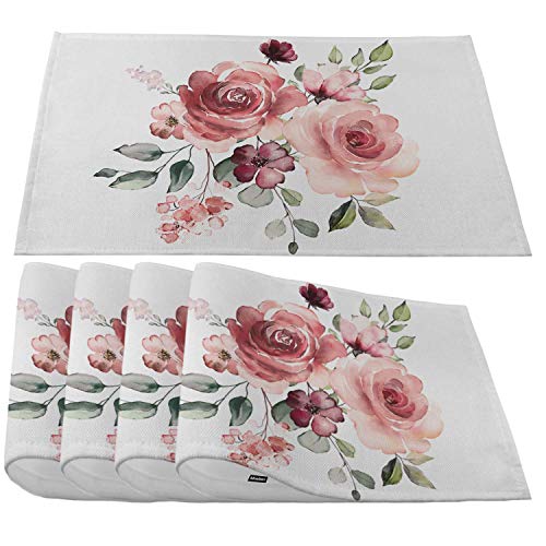 Moslion Flower Brach Placemats,Garden Rose Pink Flowers Wedding Bloom Plant Leaves Place Mats for Dining Table/Kitchen