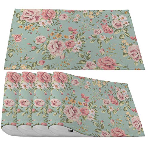 Moslion Pink Flower Placemats,Vintage Spring Romantic Bloom Floral and Leaf Green Place Mats for Dining Table/Kitchen