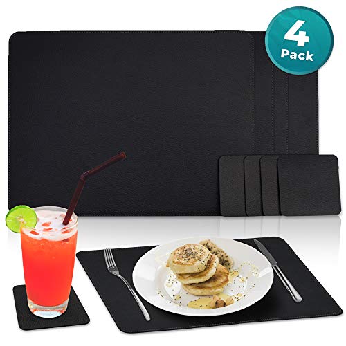 Nikalaz Set of Black Placemats and Coasters, 4 Table Mats and 4 Coasters, Recycled Leather, Place Mats 15.7'' x 11.8'' and