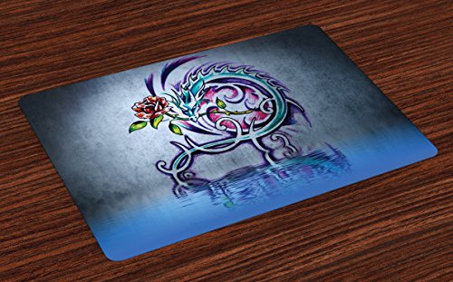 Lunarable Dragon Place Mats Set of 4, Flower Swirling Twiggy Dragon on Wall Graffiti Inspired Art Red Rose Water, Washable