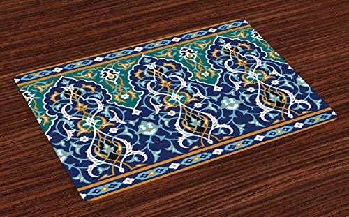 Ambesonne Moroccan Place Mats Set of 4, Oriental Petals Hippie Vintage Mosaic Design, Washable Fabric Placemats for Dining