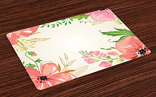 Lunarable Floral Place Mats Set of 4, Frame Inspired Concept of Flowers Leaves and Buds, Washable Fabric Placemats for Dining