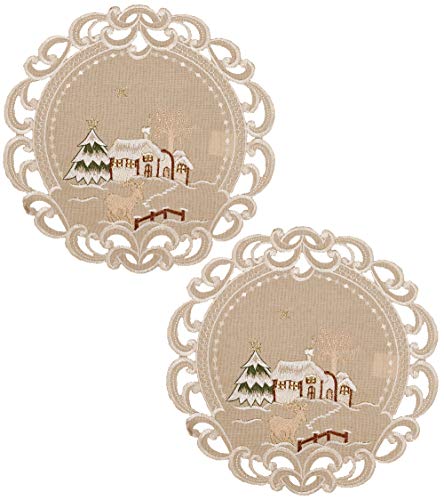 Linens, Art and Things Embroidered Beige Christmas Winter Snow Scene Doily Place Mat Coaster 11 Inch Round Set of 2