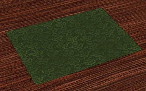 Lunarable Hunter Green Place Mats Set of 4, Victorian Damask Rococo Renaissance Swirled Classic Floral Petals Pattern,