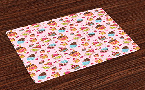 Ambesonne Pink Place Mats Set of 4, Kitchen Cupcakes Muffins Strawberries and Cherries Food Eating Sweets Print, Washable