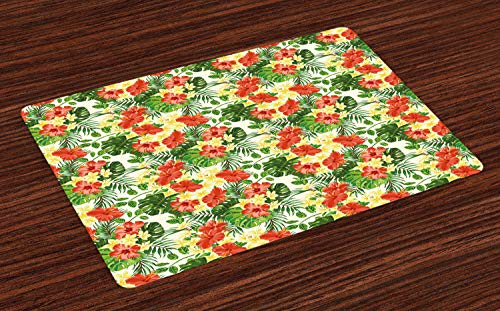 Ambesonne Tropical Place Mats Set of 4, Exotic Pattern with Plumeria Hibiscus Monstera Palm Flowers and Leaves, Washable