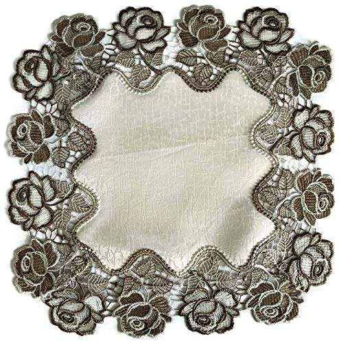 Doily Boutique Place Mat or Doily Square with Cocoa and Antique White Lace Roses on Antique Fabric, Size 16 inches