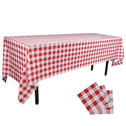 Gatherfun 3PCS Red White Gingham Rectangular Waterproof Tablecloth 54X108Inch Disposable Oil-Proof Spill-Proof Table Cover with Checked