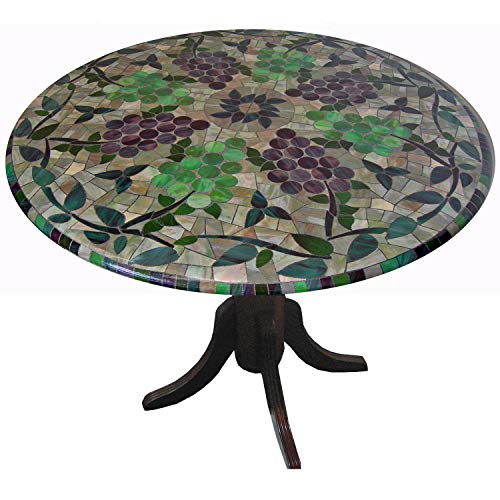 Table Magic Mosaic Table Cloth Round 36 Inch To 48 Inch Elastic Edge Fitted Vinyl Table Cover Vineyard Stained Glass Pattern Brown Purple