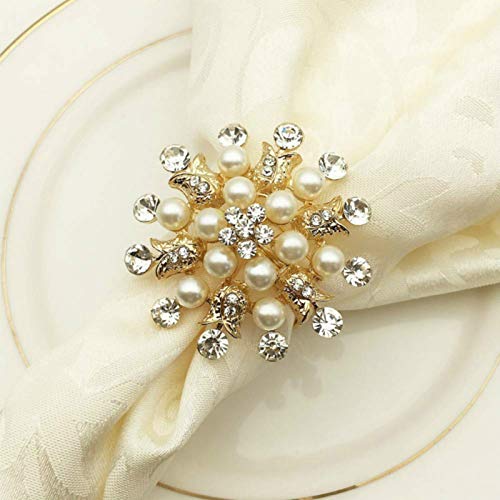 Joyindecor Napkin Rings Set of 6-Flower Pearl Rhinestone Napkin Ring Holder for Wedding Party Home Kitchen Dining Table Linen