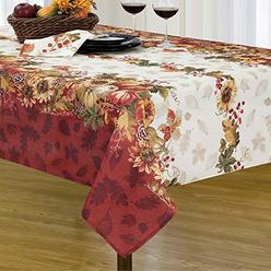 Elrene Home Fashions Swaying Leaves Bordered Fabric Tablecloth for Fall/Thanksgiving/Harvest, 60"x84", Multi