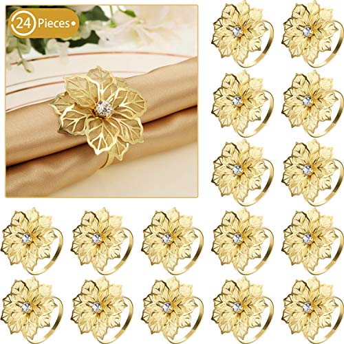 Hotop 24 Pack Napkin Rings Alloy Napkin Rings Hollow Out Flower Ring Napkin Holder Adornment Exquisite Household Floral Rhinestone