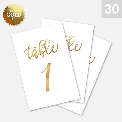 Merry Expressions Gold Wedding Table Numbers Cards (1-30 + Head Table) 4x6 Double Sided Modern Calligraphy Foil Design Best