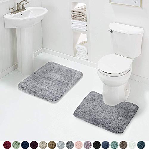 Walensee Shaggy 2 Piece Bath Rug Sets (Grey) 20 x 24 U Shape Contour Rug & 20 x 32 Bathroom Rug Machine Wash/Dry Bath Mats