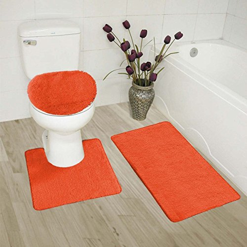Mk Home LLC Mk Home Collection 3 Piece Bathroom Rug Set Bath Rug, Contour Mat & Lid Cover Non-Slip with Rubber Backing Solid Orange New