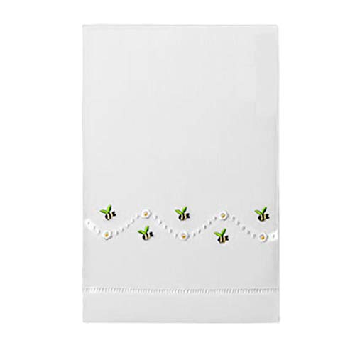 BT Fine Linen Linen Guest Bath Tea Hand Towel White with Bumble Bees Embroidery Design Pattern Hemstitch Border 14 X 22 Inch