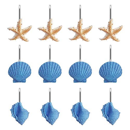 Grace life Set of 12 Starfish Seashell Conch Style Shower Curtain Hooks Rust Proof Rings Bathroom Hangers Resin Decorative