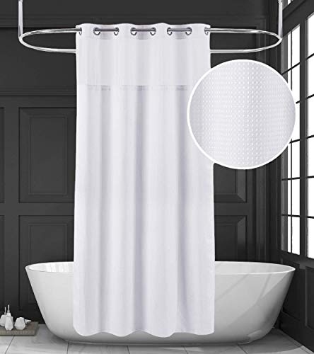 Ecoehoe Extra Long 71x 86 No Hooks White Waffle Fabric Shower Curtain for Bathroom with Removable Polyester Liner and