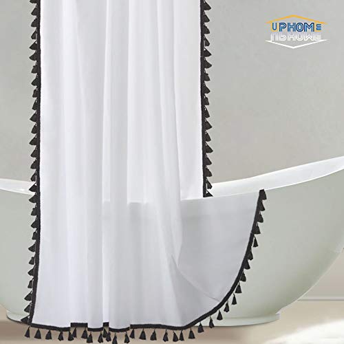Uphome Tassel Shower Curtain, White Fabric Shower Curtain with Black Fringe Trims, Vintage Boho Chic Cloth Shower Curtains