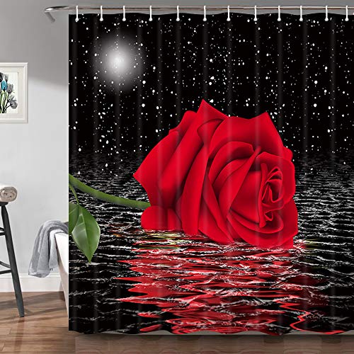 JAWO Floral Rose Shower Curtain, Red Rose Flower Under Moon Black Starry Sky Decorative Bathroom Curtain Machine Washable