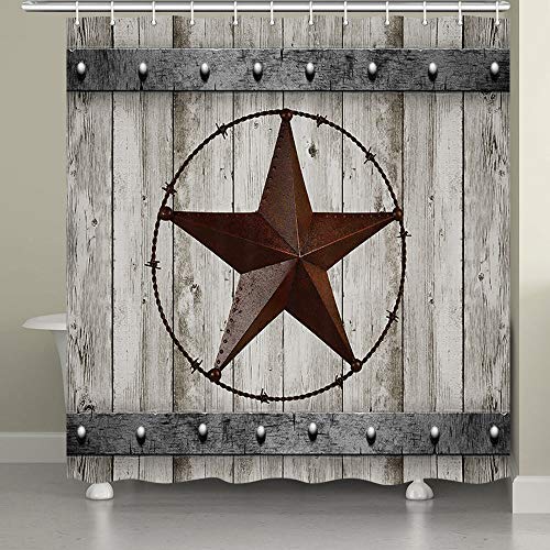 JAWO Rustic Wood Door with Southwestern Texas Star Shower Curtain for Bathroom Garage Barn Farmhouse Room Decor Bath