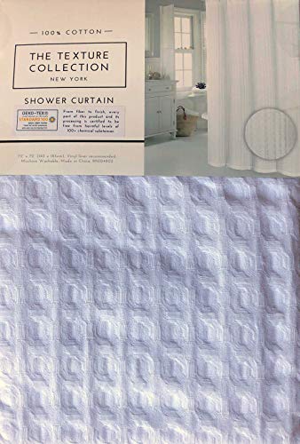 The Texture Collection Textured Fabric Shower Curtain Solid White, with a Textured Waffle Pattern Large Squares 100% Cotton