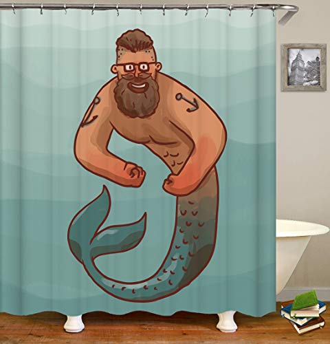 Whim-Wham Funny Mermaid Shower Curtain Sexy Male Mermaid Tail Merman  Merfolk Ocean Sea Wave Fantasy Magical Mythical Cartoon