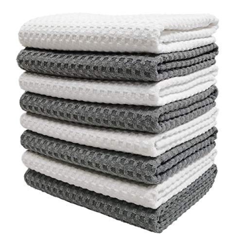 Polyte Ultra Premium Microfiber Kitchen Dish Hand Towel Waffle Weave, 8 Pack (16x28 in, Gray, White)