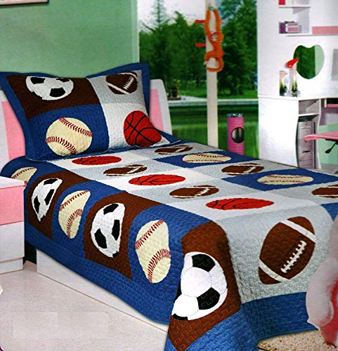 Elegant Home Decor Elegant Home Multicolor Sports Soccer Basketball Baseball Football Design 2 Piece Coverlet Bedspread Quilt for Kids Teens