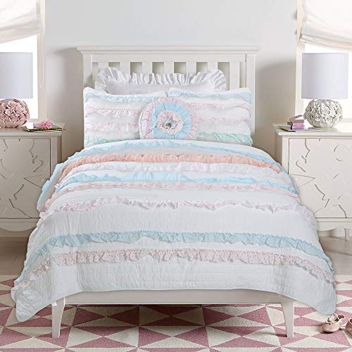 Cozy Line Home Fashions Emma 3-Piece Pink Blue White Lace Striped Ruffle Quilt Bedding Set, Includes 1 Twin Quilt + 1