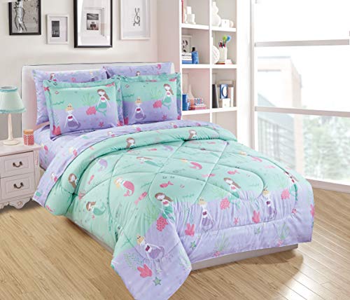Mk Home LLC Mk Home 7pc Full Size Comforter Set for Girls Mermaids Fishes Aqua Lavender Pink New