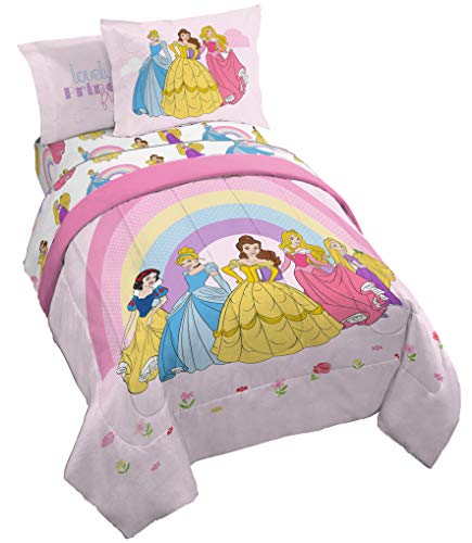 Jay Franco & Sons Jay Franco Disney Princess Rainbow 7 Piece Full Bed Set - Includes Comforter & Sheet Set - Bedding Features Aurora, Belle,