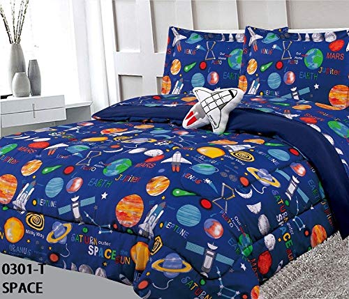 Sapphire Home 6 Piece Twin Size Kids Boys Teens Comforter Set Bed in Bag with Shams, Sheet set & Decorative Toy Pillow, Space Planets
