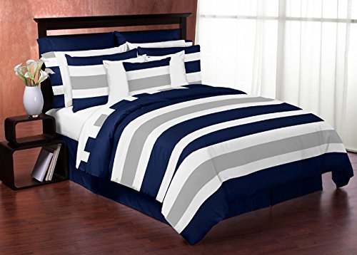 Sweet Jojo Designs Navy Blue, Gray and White Childrens, Teen 3 Piece Full/Queen Boys Stripe Bedding Set Collection