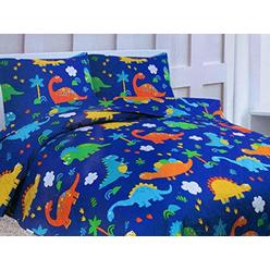 Sapphire Home 2 Piece Twin Size Kids Boys Teens Bedspread Coverlet Quilt Set with Sham, Dinosaur Print Blue Green Boys Kids