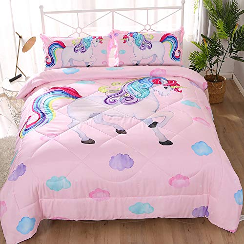 Enjohos ENJOHOS White Unicorn Pink Bedding Set Full for Girl Cartoon 3D  Comforter Magical Rainbow Hair and and Purple Blue Clouds